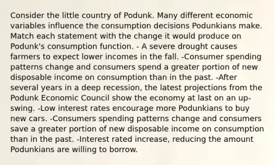 Consider the little country of Podunk. Many different economic variables influence the consumption decisions Podunkians make. Match each statement with the change it would produce on Podunk's consumption function. - A severe drought causes farmers to expect lower incomes in the fall. -Consumer spending patterns change and consumers spend a greater portion of new disposable income on consumption than in the past. -After several years in a deep recession, the latest projections from the Podunk Economic Council show the economy at last on an up-swing. -Low interest rates encourage more Podunkians to buy new cars. -Consumers spending patterns change and consumers save a greater portion of new disposable income on consumption than in the past. -Interest rated increase, reducing the amount Podunkians are willing to borrow.