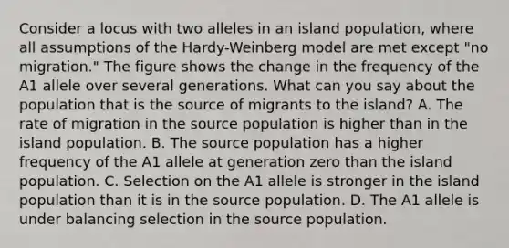 Consider a locus with two alleles in an island population, where all assumptions of the Hardy-Weinberg model are met except "no migration." The figure shows the change in the frequency of the A1 allele over several generations. What can you say about the population that is the source of migrants to the island? A. The rate of migration in the source population is higher than in the island population. B. The source population has a higher frequency of the A1 allele at generation zero than the island population. C. Selection on the A1 allele is stronger in the island population than it is in the source population. D. The A1 allele is under balancing selection in the source population.