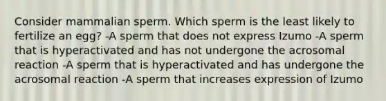 Consider mammalian sperm. Which sperm is the least likely to fertilize an egg? -A sperm that does not express Izumo -A sperm that is hyperactivated and has not undergone the acrosomal reaction -A sperm that is hyperactivated and has undergone the acrosomal reaction -A sperm that increases expression of Izumo