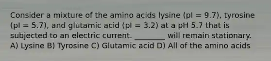 Consider a mixture of the amino acids lysine (pI = 9.7), tyrosine (pI = 5.7), and glutamic acid (pI = 3.2) at a pH 5.7 that is subjected to an electric current. ________ will remain stationary. A) Lysine B) Tyrosine C) Glutamic acid D) All of the amino acids