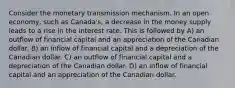 Consider the monetary transmission mechanism. In an open economy, such as Canada's, a decrease in the money supply leads to a rise in the interest rate. This is followed by A) an outflow of financial capital and an appreciation of the Canadian dollar. B) an inflow of financial capital and a depreciation of the Canadian dollar. C) an outflow of financial capital and a depreciation of the Canadian dollar. D) an inflow of financial capital and an appreciation of the Canadian dollar.