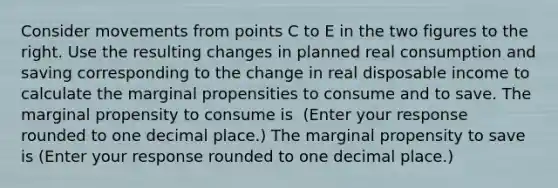 Consider movements from points C to E in the two figures to the right. Use the resulting changes in planned real consumption and saving corresponding to the change in real disposable income to calculate the marginal propensities to consume and to save. The marginal propensity to consume is ​ (Enter your response rounded to one decimal​ place.) The marginal propensity to save is ​(Enter your response rounded to one decimal​ place.)