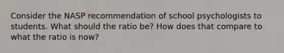 Consider the NASP recommendation of school psychologists to students. What should the ratio be? How does that compare to what the ratio is now?