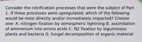 Consider the nitrification processes that were the subject of Part 1. If these processes were upregulated, which of the following would be most directly and/or immediately impacted? Choose one: A. nitrogen fixation by atmospheric lightning B. assimilation of ammonium into <a href='https://www.questionai.com/knowledge/k9gb720LCl-amino-acids' class='anchor-knowledge'>amino acids</a> C. N2 fixation by leguminous plants and bacteria D. fungal decomposition of organic material