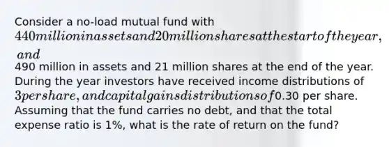 Consider a no-load mutual fund with 440 million in assets and 20 million shares at the start of the year, and490 million in assets and 21 million shares at the end of the year. During the year investors have received income distributions of 3 per share, and capital gains distributions of0.30 per share. Assuming that the fund carries no debt, and that the total expense ratio is 1%, what is the rate of return on the fund?