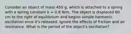 Consider an object of mass 450 g, which is attached to a spring with a spring constant k = 0.8 N/m. The object is displaced 60 cm to the right of equilibrium and begins simple harmonic oscillation once it's released. Ignore the effects of friction and air resistance. What is the period of the object's oscillation?