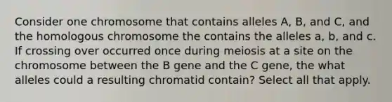 Consider one chromosome that contains alleles A, B, and C, and the homologous chromosome the contains the alleles a, b, and c. If crossing over occurred once during meiosis at a site on the chromosome between the B gene and the C gene, the what alleles could a resulting chromatid contain? Select all that apply.