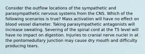 Consider the outflow locations of the sympathetic and parasympathetic nervous systems from the CNS. Which of the following scenarios is true? Mass activation will have no effect on blood vessel diameter. Taking parasympathetic antagonists will increase sweating. Severing of the spinal cord at the T5 level will have no impact on digestion. Injuries to cranial nerve nuclei in at the pontomedullary junction may cause dry mouth and difficulty producing tears.