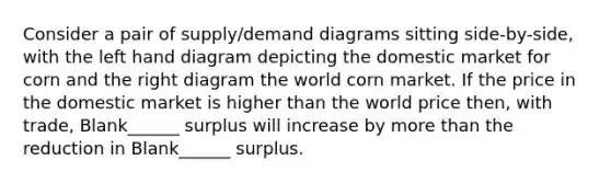 Consider a pair of supply/demand diagrams sitting side-by-side, with the left hand diagram depicting the domestic market for corn and the right diagram the world corn market. If the price in the domestic market is higher than the world price then, with trade, Blank______ surplus will increase by more than the reduction in Blank______ surplus.