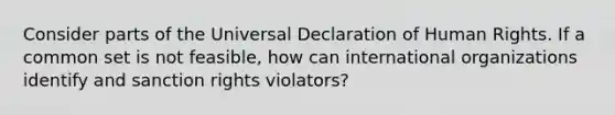 Consider parts of the Universal Declaration of Human Rights. If a common set is not feasible, how can international organizations identify and sanction rights violators?