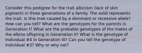 Consider this pedigree for the trait albinism (lack of skin pigment) in three generations of a family. The solid represents the trait. Is this trait caused by a dominant or recessive allele? How can you tell? What are the genotypes for the parents in Generation I? What are the probable genotypes of the mates of the albino offspring in Generation II? What is the genotype of Individual #4 in Generation III? Can you tell the genotype of Individual #3? Why or why not?