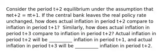 Consider the period t+2 equilibrium under the assumption that πet+2 = πt+1. If the central bank leaves the real policy rate​ unchanged, how does actual inflation in period t+2 compare to inflation in period t+1​? ​ Similarly, how does actual inflation in period t+3 compare to inflation in period t+2​? Actual inflation in period t+2 will be __________ inflation in period t+1​, and actual inflation in period t+3 will be __________ inflation in period t+2.