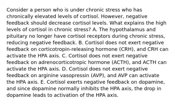 Consider a person who is under chronic stress who has chronically elevated levels of cortisol. However, negative feedback should decrease cortisol levels. What explains the high levels of cortisol in chronic stress? A. The hypothalamus and pituitary no longer have cortisol receptors during chronic stress, reducing negative feedback. B. Cortisol does not exert negative feedback on corticotropin-releasing hormone (CRH), and CRH can activate the HPA axis. C. Cortisol does not exert negative feedback on adrenocorticotropic hormone (ACTH), and ACTH can activate the HPA axis. D. Cortisol does not exert negative feedback on arginine vasopressin (AVP), and AVP can activate the HPA axis. E. Cortisol exerts negative feedback on dopamine, and since dopamine normally inhibits the HPA axis, the drop in dopamine leads to activation of the HPA axis.