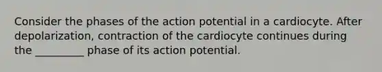 Consider the phases of the action potential in a cardiocyte. After depolarization, contraction of the cardiocyte continues during the _________ phase of its action potential.