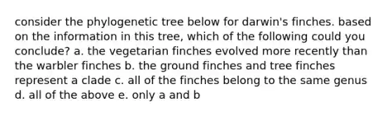 consider the phylogenetic tree below for darwin's finches. based on the information in this tree, which of the following could you conclude? a. the vegetarian finches evolved more recently than the warbler finches b. the ground finches and tree finches represent a clade c. all of the finches belong to the same genus d. all of the above e. only a and b