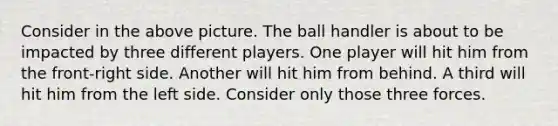 Consider in the above picture. The ball handler is about to be impacted by three different players. One player will hit him from the front-right side. Another will hit him from behind. A third will hit him from the left side. Consider only those three forces.