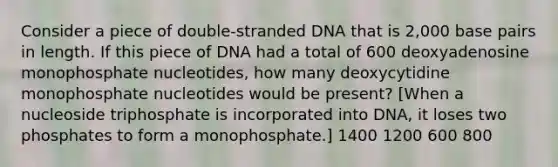 Consider a piece of double-stranded DNA that is 2,000 base pairs in length. If this piece of DNA had a total of 600 deoxyadenosine monophosphate nucleotides, how many deoxycytidine monophosphate nucleotides would be present? [When a nucleoside triphosphate is incorporated into DNA, it loses two phosphates to form a monophosphate.] 1400 1200 600 800