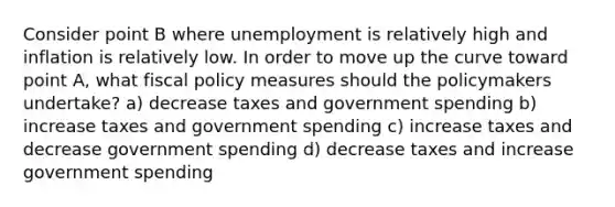 Consider point B where unemployment is relatively high and inflation is relatively low. In order to move up the curve toward point A, what fiscal policy measures should the policymakers undertake? a) decrease taxes and government spending b) increase taxes and government spending c) increase taxes and decrease government spending d) decrease taxes and increase government spending