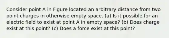 Consider point A in Figure located an arbitrary distance from two point charges in otherwise empty space. (a) Is it possible for an electric field to exist at point A in empty space? (b) Does charge exist at this point? (c) Does a force exist at this point?