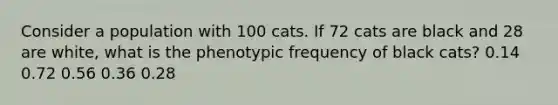 Consider a population with 100 cats. If 72 cats are black and 28 are white, what is the phenotypic frequency of black cats? 0.14 0.72 0.56 0.36 0.28