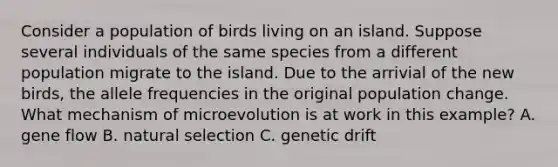 Consider a population of birds living on an island. Suppose several individuals of the same species from a different population migrate to the island. Due to the arrivial of the new birds, the allele frequencies in the original population change. What mechanism of microevolution is at work in this example? A. gene flow B. natural selection C. genetic drift