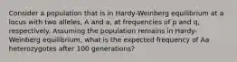 Consider a population that is in Hardy-Weinberg equilibrium at a locus with two alleles, A and a, at frequencies of p and q, respectively. Assuming the population remains in Hardy-Weinberg equilibrium, what is the expected frequency of Aa heterozygotes after 100 generations?