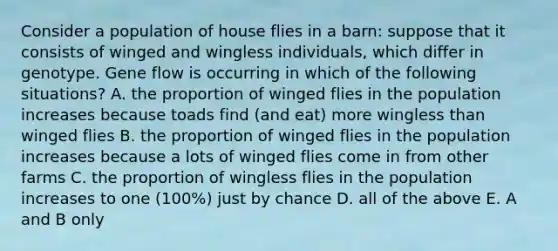 Consider a population of house flies in a barn: suppose that it consists of winged and wingless individuals, which differ in genotype. Gene flow is occurring in which of the following situations? A. the proportion of winged flies in the population increases because toads find (and eat) more wingless than winged flies B. the proportion of winged flies in the population increases because a lots of winged flies come in from other farms C. the proportion of wingless flies in the population increases to one (100%) just by chance D. all of the above E. A and B only