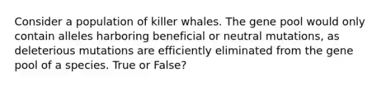 Consider a population of killer whales. The gene pool would only contain alleles harboring beneficial or neutral mutations, as deleterious mutations are efficiently eliminated from the gene pool of a species. True or False?