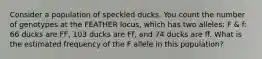 Consider a population of speckled ducks. You count the number of genotypes at the FEATHER locus, which has two alleles: F & f: 66 ducks are FF, 103 ducks are Ff, and 74 ducks are ff. What is the estimated frequency of the F allele in this population?