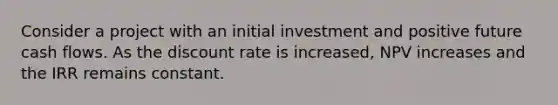 Consider a project with an initial investment and positive future cash flows. As the discount rate is increased, NPV increases and the IRR remains constant.