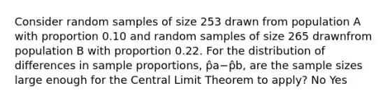 Consider random samples of size 253 drawn from population A with proportion 0.10 and random samples of size 265 drawnfrom population B with proportion 0.22. For the distribution of differences in sample proportions, p̂a−p̂b, are the sample sizes large enough for the Central Limit Theorem to apply? No Yes