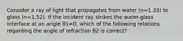 Consider a ray of light that propagates from water (n=1.33) to glass (n=1.52). If the incident ray strikes the water-glass interface at an angle θ1≠0, which of the following relations regarding the angle of refraction θ2 is correct?