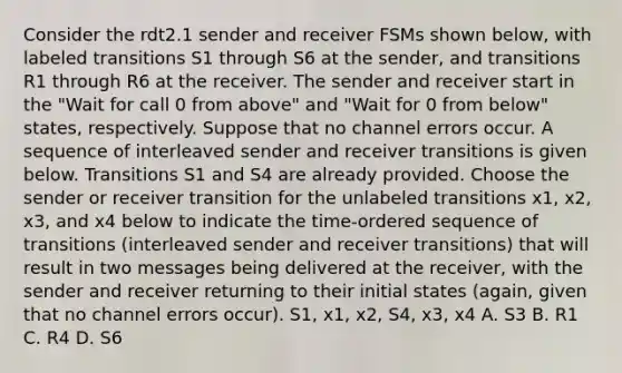 Consider the rdt2.1 sender and receiver FSMs shown below, with labeled transitions S1 through S6 at the sender, and transitions R1 through R6 at the receiver. The sender and receiver start in the "Wait for call 0 from above" and "Wait for 0 from below" states, respectively. Suppose that no channel errors occur. A sequence of interleaved sender and receiver transitions is given below. Transitions S1 and S4 are already provided. Choose the sender or receiver transition for the unlabeled transitions x1, x2, x3, and x4 below to indicate the time-ordered sequence of transitions (interleaved sender and receiver transitions) that will result in two messages being delivered at the receiver, with the sender and receiver returning to their initial states (again, given that no channel errors occur). S1, x1, x2, S4, x3, x4 A. S3 B. R1 C. R4 D. S6