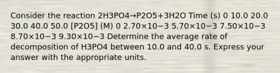 Consider the reaction 2H3PO4→P2O5+3H2O Time (s) 0 10.0 20.0 30.0 40.0 50.0 [P2O5] (M) 0 2.70×10−3 5.70×10−3 7.50×10−3 8.70×10−3 9.30×10−3 Determine the average rate of decomposition of H3PO4 between 10.0 and 40.0 s. Express your answer with the appropriate units.