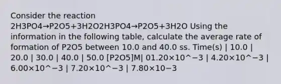 Consider the reaction 2H3PO4→P2O5+3H2O2H3PO4→P2O5+3H2O Using the information in the following table, calculate the average rate of formation of P2O5 between 10.0 and 40.0 ss. Time(s) | 10.0 | 20.0 | 30.0 | 40.0 | 50.0 [P2O5]M| 01.20×10^−3 | 4.20×10^−3 | 6.00×10^−3 | 7.20×10^−3 | 7.80×10−3