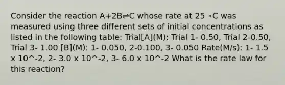 Consider the reaction A+2B⇌C whose rate at 25 ∘C was measured using three different sets of initial concentrations as listed in the following table: Trial[A](M): Trial 1- 0.50, Trial 2-0.50, Trial 3- 1.00 [B](M): 1- 0.050, 2-0.100, 3- 0.050 Rate(M/s): 1- 1.5 x 10^-2, 2- 3.0 x 10^-2, 3- 6.0 x 10^-2 What is the rate law for this reaction?