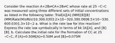 Consider the reaction A+2B⇌CA+2B⇌C whose rate at 25 ∘C∘C was measured using three different sets of initial concentrations as listed in the following table: Trial[A][A] (MM)[B][B] (MM)Rate(M/sM/s)10.300.0303.2×10−320.300.0606.5×10−330.600.0301.3×10−2 a. What is the rate law for this reaction? Express the rate law symbolically in terms of kk [A][A], and [B][B]. b. Calculate the initial rate for the formation of CC at 25 ∘C∘C, if [A]=0.50M[A]=0.50M and [B]=0.075M