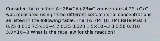 Consider the reaction A+2B⇌CA+2B⇌C whose rate at 25 ∘C∘C was measured using three different sets of initial concentrations as listed in the following table: Trial [A] (M) [B] (M) Rate(M/s) 1 . 0.25 0.010 7.5×10−4 2 0.25 0.020 1.5×10−3 3 0.50 0.010 3.0×10−3 What is the rate law for this reaction?