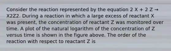 Consider the reaction represented by the equation 2 X + 2 Z → X2Z2. During a reaction in which a large excess of reactant X was present, the concentration of reactant Z was monitored over time. A plot of the natural logarithm of the concentration of Z versus time is shown in the figure above. The order of the reaction with respect to reactant Z is