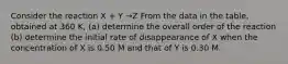 Consider the reaction X + Y →Z From the data in the table, obtained at 360 K, (a) determine the overall order of the reaction (b) determine the initial rate of disappearance of X when the concentration of X is 0.50 M and that of Y is 0.30 M.