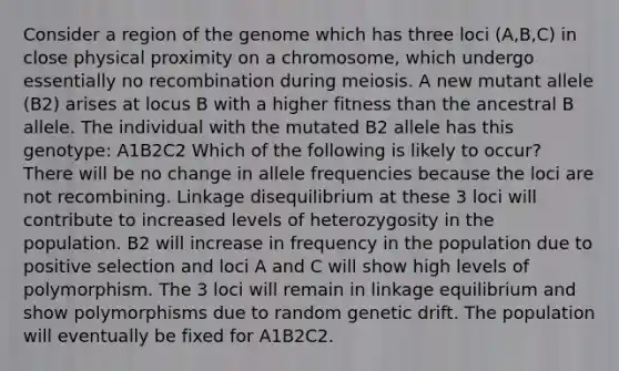 Consider a region of the genome which has three loci (A,B,C) in close physical proximity on a chromosome, which undergo essentially no recombination during meiosis. A new mutant allele (B2) arises at locus B with a higher fitness than the ancestral B allele. The individual with the mutated B2 allele has this genotype: A1B2C2 Which of the following is likely to occur? There will be no change in allele frequencies because the loci are not recombining. Linkage disequilibrium at these 3 loci will contribute to increased levels of heterozygosity in the population. B2 will increase in frequency in the population due to positive selection and loci A and C will show high levels of polymorphism. The 3 loci will remain in linkage equilibrium and show polymorphisms due to random genetic drift. The population will eventually be fixed for A1B2C2.