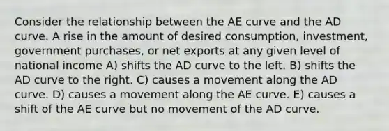 Consider the relationship between the AE curve and the AD curve. A rise in the amount of desired consumption, investment, government purchases, or net exports at any given level of national income A) shifts the AD curve to the left. B) shifts the AD curve to the right. C) causes a movement along the AD curve. D) causes a movement along the AE curve. E) causes a shift of the AE curve but no movement of the AD curve.