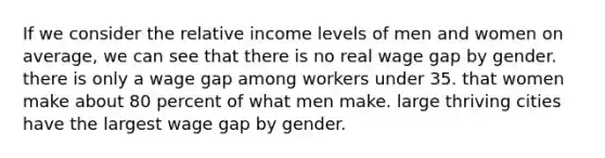 If we consider the relative income levels of men and women on average, we can see that there is no real wage gap by gender. there is only a wage gap among workers under 35. that women make about 80 percent of what men make. large thriving cities have the largest wage gap by gender.