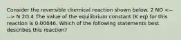 Consider the reversible chemical reaction shown below. 2 NO N 2O 4 The value of the equilibrium constant (K eq) for this reaction is 0.00846. Which of the following statements best describes this reaction?