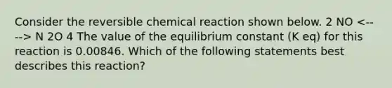 Consider the reversible chemical reaction shown below. 2 NO N 2O 4 The value of the equilibrium constant (K eq) for this reaction is 0.00846. Which of the following statements best describes this reaction?