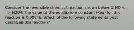 Consider the reversible chemical reaction shown below. 2 NO N2O4 The value of the equilibrium constant (Keq) for this reaction is 0.00846. Which of the following statements best describes this reaction?