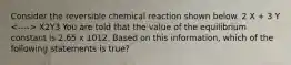 Consider the reversible chemical reaction shown below. 2 X + 3 Y X2Y3 You are told that the value of the equilibrium constant is 2.65 x 1012. Based on this information, which of the following statements is true?