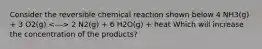 Consider the reversible chemical reaction shown below 4 NH3(g) + 3 O2(g) 2 N2(g) + 6 H2O(g) + heat Which will increase the concentration of the products?