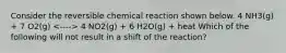 Consider the reversible chemical reaction shown below. 4 NH3(g) + 7 O2(g) 4 NO2(g) + 6 H2O(g) + heat Which of the following will not result in a shift of the reaction?