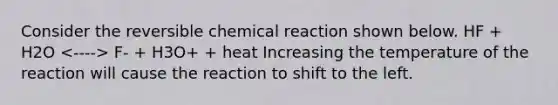 Consider the reversible chemical reaction shown below. HF + H2O F- + H3O+ + heat Increasing the temperature of the reaction will cause the reaction to shift to the left.